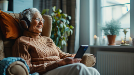Elderly woman relaxing with headphones and smartphone by the window