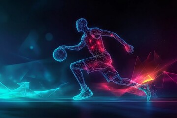 Vibrant digital illustration of a basketball player in motion, showcasing dynamic neon lights and futuristic flair on a minimalist backdrop.