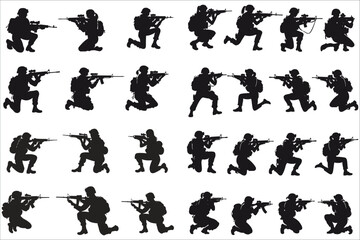Soldier silhouette icon vector. Set of woman soldiers in various poses silhouettes vector. Young woman soldier firing position silhouettes. Vector illustrations of woman soldiers in firing position
