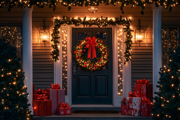 Festive front door decorated with a holiday wreath, red ribbon, and string lights, creating a warm and welcoming Christmas atmosphere for guests