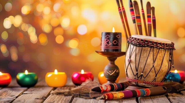 Festive African drumming scene with colorful candles, flutes, and tribal decorations on wooden table