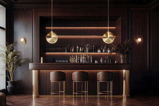 Sleek art Deco bar interior with minimalist design, featuring dark wood, pendant lighting, and a fully stocked bar counter for a luxurious evening setting