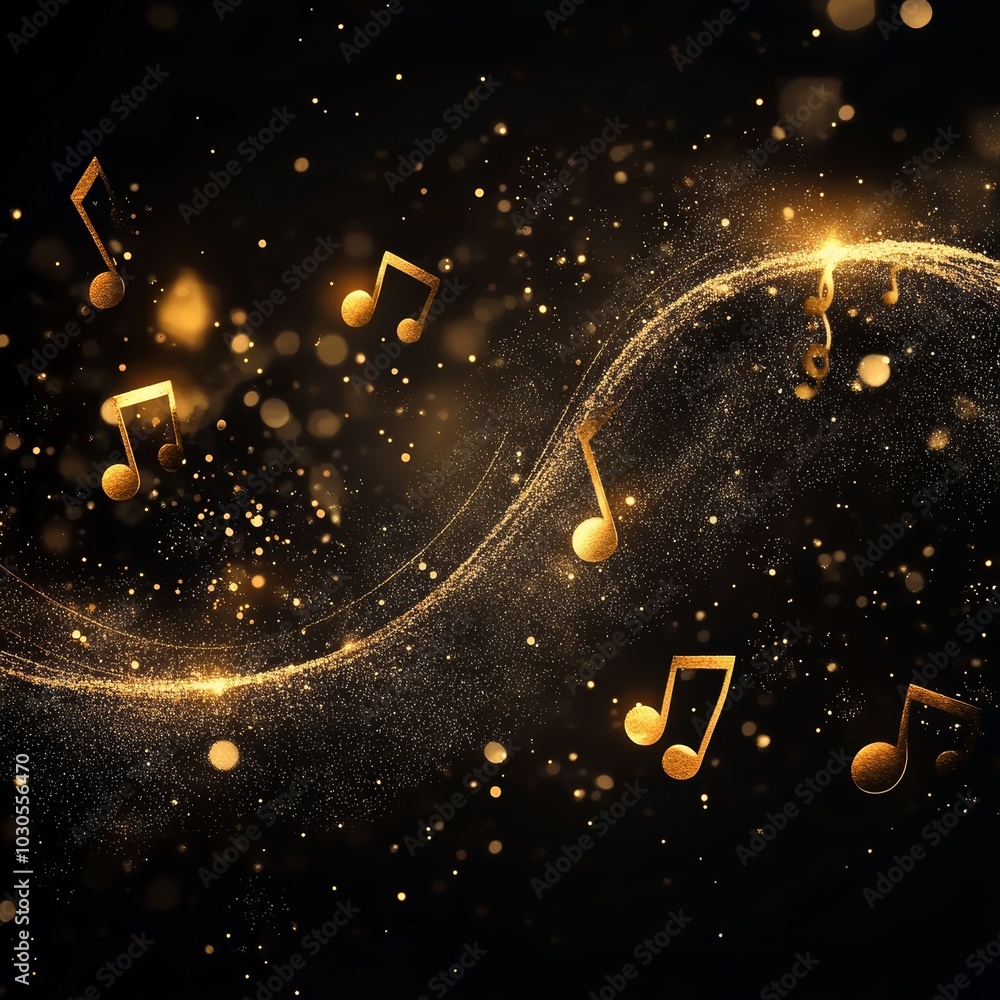Poster golden musical notes floating on a dark background, creating a magical atmosphere.