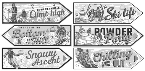 Set of posters showing people skiing, snowboarding, and tubing down a snowy mountain with inspirational winter themed slogans. Winter poster or sign for sport