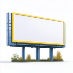 Obraz premium Blank billboard with yellow frame on blue poles, isolated on white background, perfect for advertising.
