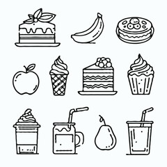Adobe Illustrator Artwork
set of contour cakes and sweets, line art fast food icons.
black and white illustration, set of decorative elements