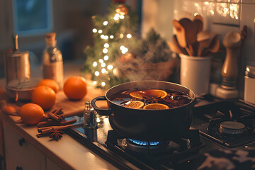 Cozy Christmas scene with a pot of mulled wine simmering on the stove, surrounded by festive decorations and warm lighting, creating a holiday atmosphere