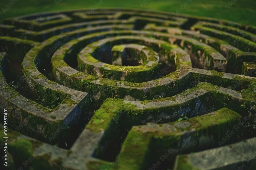 Poster circular stone labyrinth overgrown with moss creating an intriguing pattern