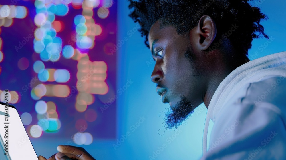Poster focused content creator using digital tablet with colorful bokeh lights in the background