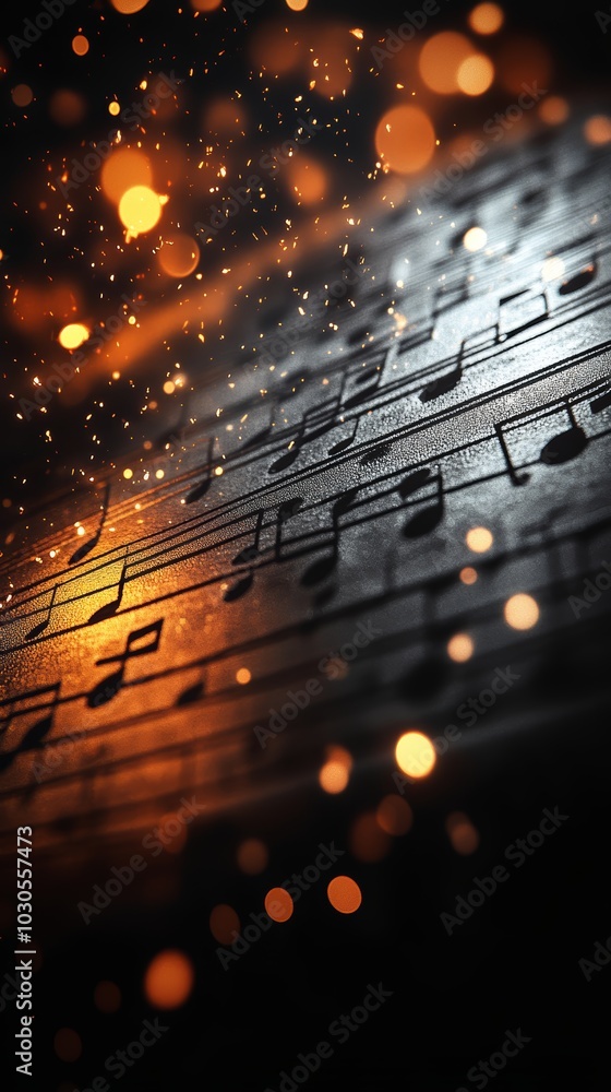 Poster abstract close-up of musical notes with glowing particles, creating a vibrant atmosphere.