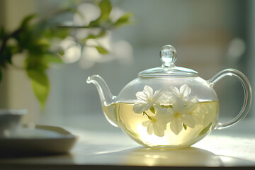 Glass teapot with freshly brewed herbal tea and jasmine  floating inside, sitting on a white table in natural sunlight, representing health and relaxation