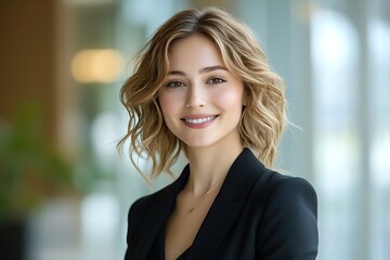 Smiling Blonde Businesswoman in Black Blazer Headshot