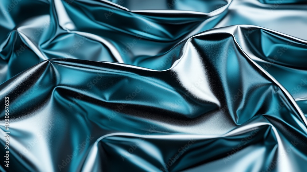 Poster a close-up view of crumpled metallic fabric displaying intricate folds, reflecting light with deep h