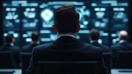 Fototapeta premium Business professionals analyzing data on multiple screens in a dark environment.