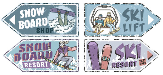 Four vintage grunge style signs featuring snowboarders and skiers enjoying winter sports on snowy slopes. Winter poster or sign for winter sport