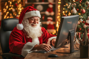 Santa Claus using a computer in a cozy, festive office during the Christmas season, surrounded by decorations, as he manages online tasks, emails, and preparations for the holiday