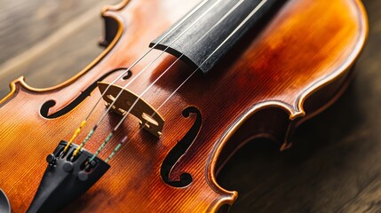 Fototapeta premium Close-up of a wooden violin showcasing its intricate details and craftsmanship.