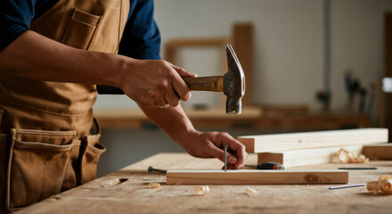 Carpenter hammering in workshop: precision woodworking design with artisan tools and craftsmanship