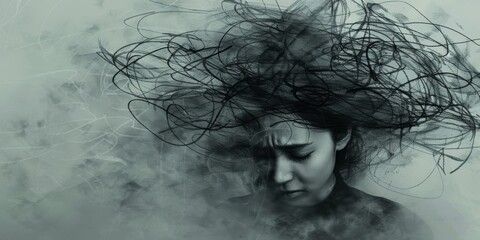 Fototapeta premium A woman is depicted with a somber expression, her head seemingly burdened by a tangle of abstract lines symbolizing overwhelming thoughts or emotions.