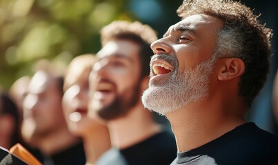 Middle-aged Hispanic man joyfully singing with a diverse choir outdoors.