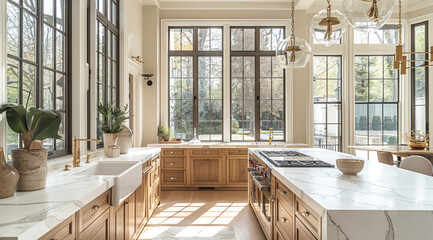 Organic traditional kitchen with antique brass accents and large marble island in a bright home with many windows and warm color palette.