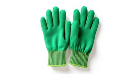 Obraz premium Green rubber gloves on a white background for gardening and outdoor