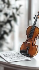 Naklejka premium Elegant wooden violin and sheet music on a table, creating a serene musical atmosphere.