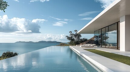 Fototapeta premium A modern infinity pool overlooking the sea, with large windows and flat roof tiles. The light grey limestone floor leads to a grassy lawn, showcasing the contemporary architecture.