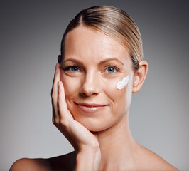 Portrait, happy woman and skincare cream for beauty, moisturizer and collagen. Lotion, mature model...