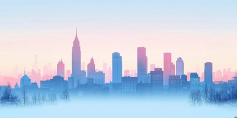 Fototapeta premium Stunning City Skyline at Sunrise: A Visual Journey through Urban Architecture and Colorful Silhouettes