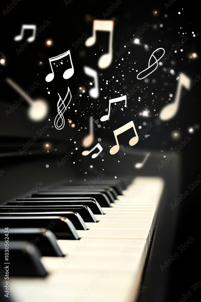 Poster close-up of a piano with musical notes floating in the air, creating a magical atmosphere.