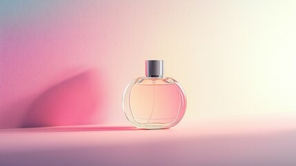 A beautifully designed glass perfume bottle sits on a soft gradient background, highlighting its elegant shape and color. A stylish product display.