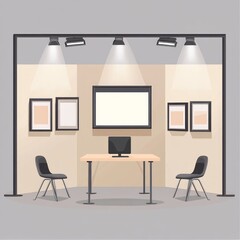 Fototapeta premium A minimalist office setup featuring a desk, computer, and chairs under spotlighting.