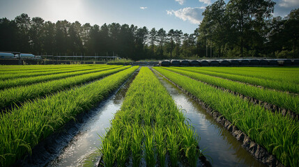 Naklejka premium A rice farm using hydroponic systems, growing rice in water-efficient structures that are sustainable and eco-friendly