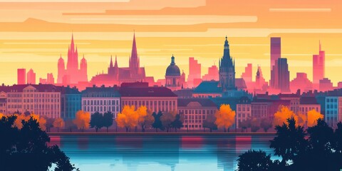 Naklejka premium Stunning Sunset Over Urban Skyline: A Harmonious Blend of Modern and Historic Architecture