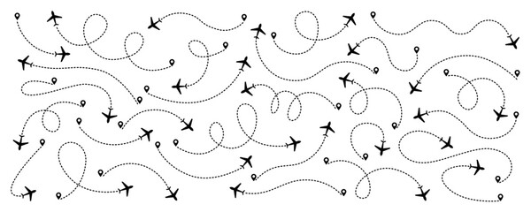 Set of airplane routes in dashed line trace. Plane route lines of aircraft tracking, location pins, planes, travel, map pins on white background. Vector illustration for infographic, map, track