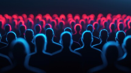 Silhouettes of a diverse crowd with vibrant blue and red lighting effects.