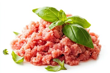 Minced pork meat isolated. Ground fresh fillet, uncooked pig mincemeat, raw forcemeat, farce minced meat portion with greens on white background 