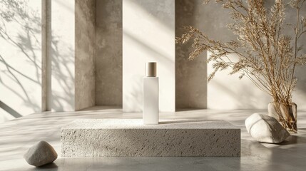 A modern white cosmetic bottle elegantly placed on a textured stone platform, surrounded by soft natural elements in a bright, minimalistic environment.