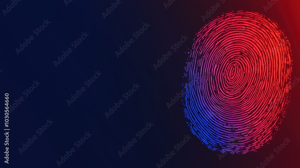 Poster a vibrant fingerprint design on a dark background, showcasing intricate lines in red and blue, symbo
