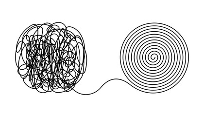 Chaos, tangle and untangle continuous one line drawing. Brainstorming, mental health, psychology, balance in linear vector illustration. Icon for web design, card, banner, flyer