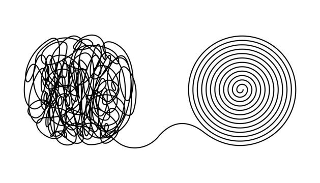 Chaos, tangle and untangle continuous one line drawing. Brainstorming, mental health, psychology, balance in linear vector illustration. Icon for web design, card, banner, flyer