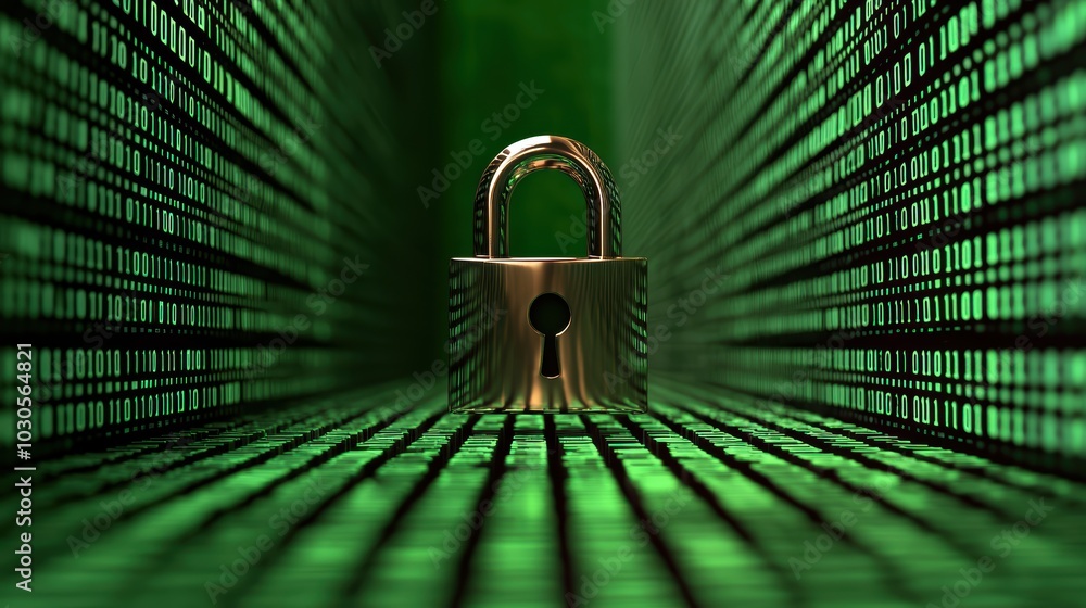 Poster a close-up view of a golden padlock centered in a green, digital-looking environment, symbolizing se
