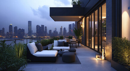 an outdoor terrace with modern white and black furniture, a black roof, plants, and a city view at night