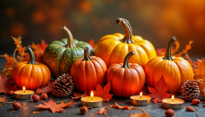 Autumnal Pumpkins with Candles and Fallen Leaves for Halloween or Thanksgiving