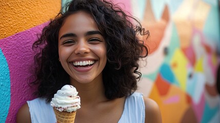 A woman smiles while holding an ice cream cone, framed by a brightly colored street mural, representing happiness and creativity.