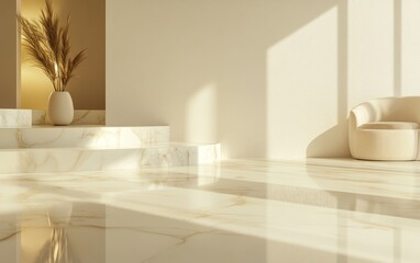 Fototapeta premium A serene interior with marble flooring, natural light, and minimalistic decor.