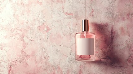 A close-up image of a stylish perfume bottle hanging against a textured pink wall, showcasing a realistic design suitable for branding.