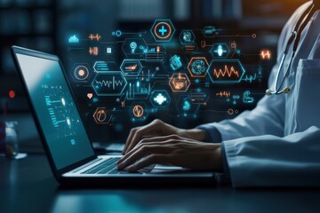 Fototapeta premium A medical professional working on a laptop with a futuristic digital interface displaying healthcare icons, symbolizing modern medical technology innovation and digital healthcare solutions. 