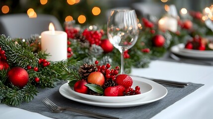 Beautifully Decorated Elegant Holiday Dinner Table with Candles Plates Glasses and Festive Set for a Joyful Gathering